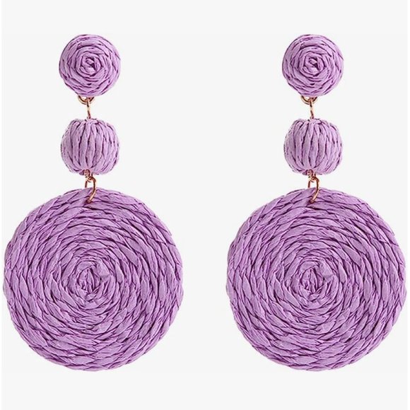 Lavender Wicker Earrings Rattan Bold Dangle 80s 90s Beach Summer Raffia New - Picture 1 of 9